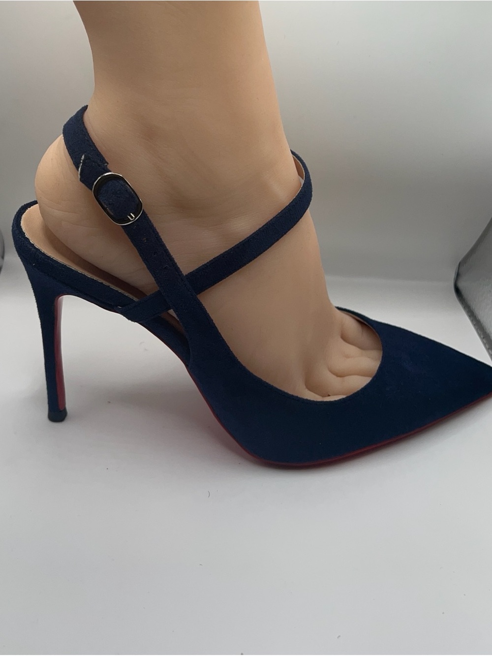 Women's Navy faux Suede Pointed Toe Slingback Pump- RED bottom